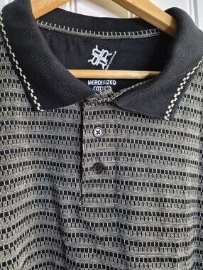 Large R&R Cotton Geometric Striped Polo Casual Goth Golf Black Preppy Retro